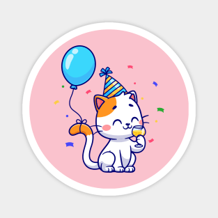 Cute Cat Birthday Party With Balloon Cartoon Magnet